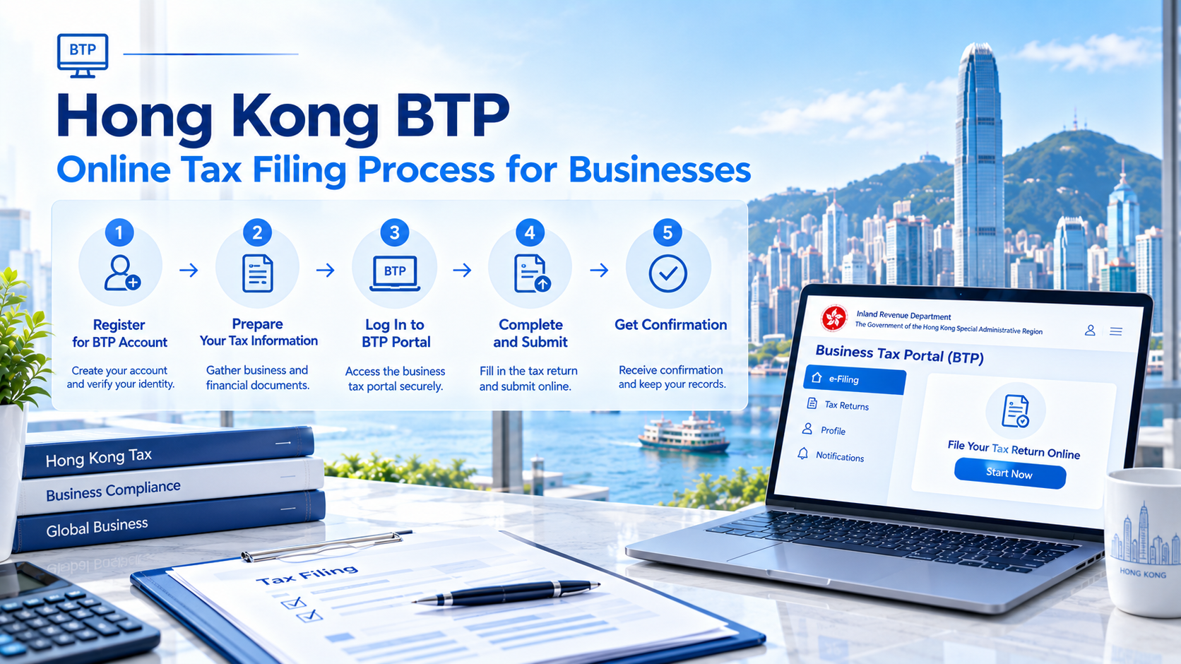 Hong Kong BTP business tax filing process infographic, 5-step workflow: register account, prepare tax documents, log into BTP portal, complete and submit tax return, get confirmation, Hong Kong city view and laptop displaying Business Tax Portal