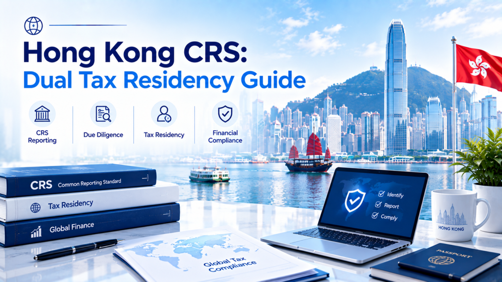 Hong Kong CRS dual tax residency guide infographic, Hong Kong Victoria Harbour skyline background, desk with CRS tax books, passport and laptop. Covers CRS reporting, due diligence, tax residency and financial compliance.