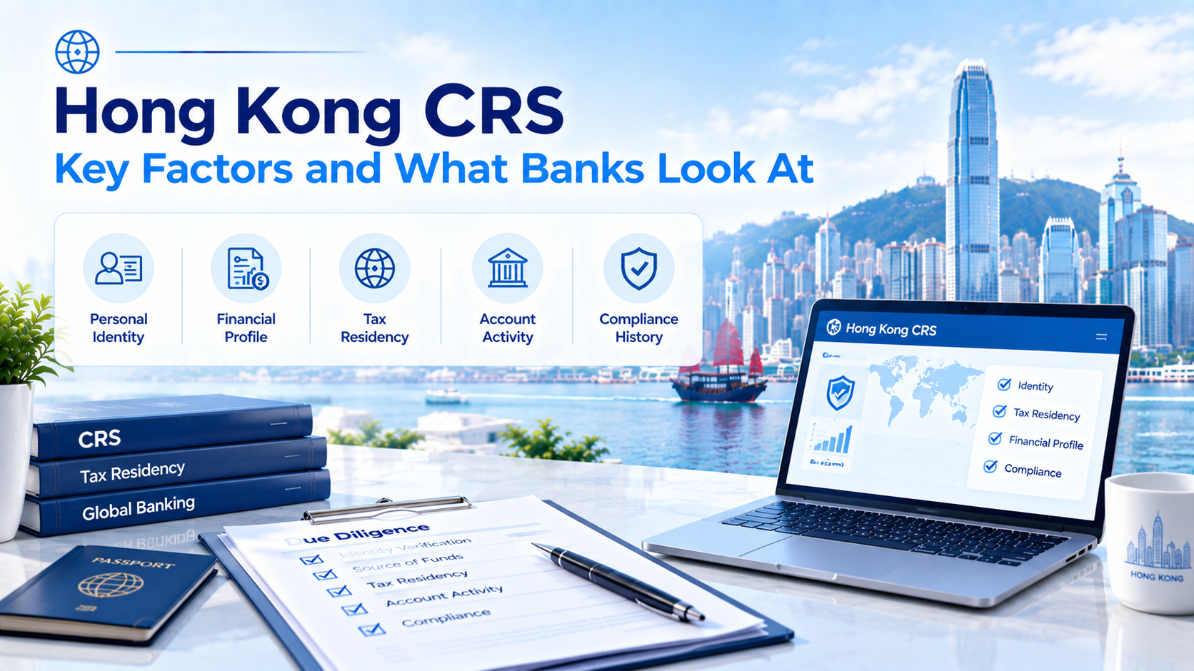 Hong Kong CRS infographic about key factors banks check, including personal identity, financial profile, tax residency, account activity and compliance history, Hong Kong cityscape background with laptop and due diligence documents.