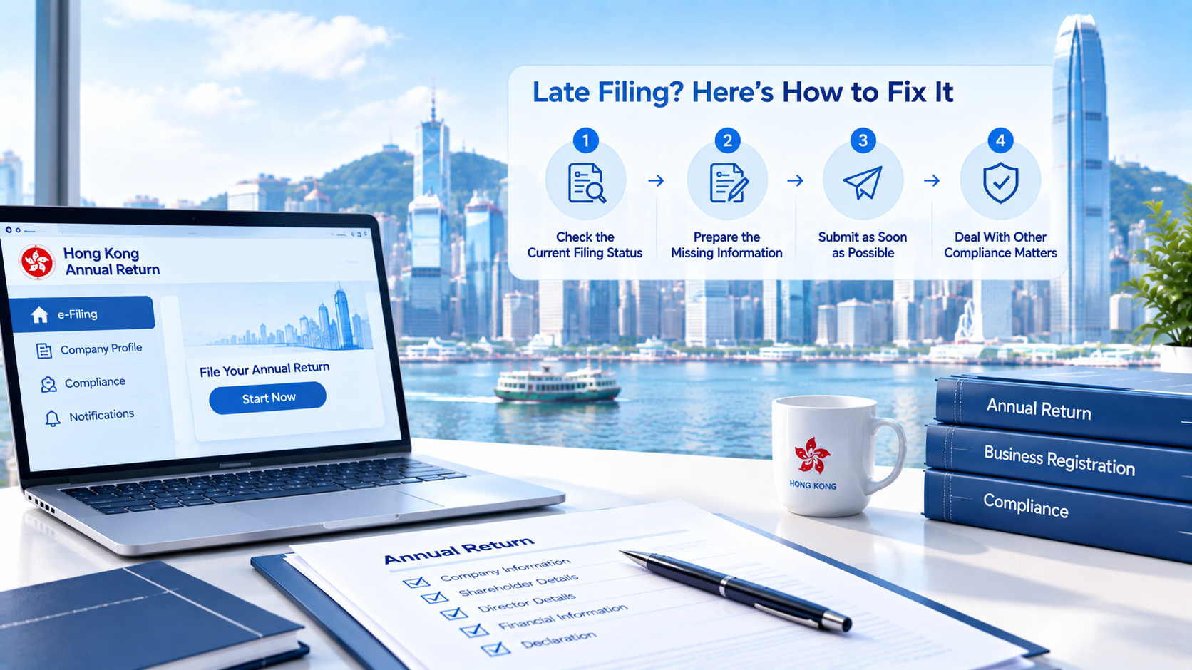 Infographic showing 4 steps to fix late Hong Kong Annual Return filing, Hong Kong Victoria Harbour view, laptop with e-filing portal, annual return checklist and compliance documents