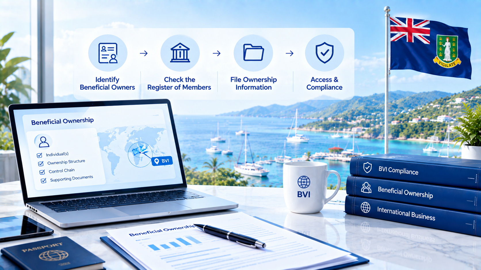 Infographic showing 4 steps for BVI ROBO beneficial ownership compliance, identify beneficial owners, check register of members, file ownership information, access compliance, BVI ocean scenery and laptop with ownership data