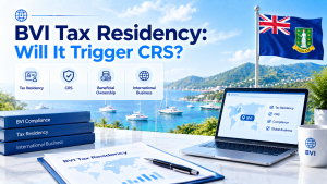 Infographic about BVI tax residency and whether it triggers CRS, with BVI flag, ocean view, laptop, compliance books and documents, icons for tax residency, CRS, beneficial ownership and international business