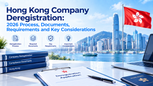 Infographic titled Hong Kong Company Deregistration: 2026 Process, Documents, Requirements and Key Considerations, Hong Kong skyline and regional flag background, books, deregistration application form, laptop, icons for deregistration process, required documents, requirements and considerations