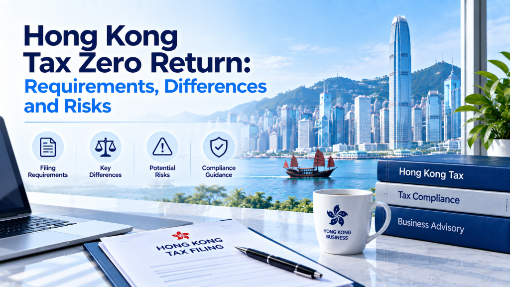 Infographic about Hong Kong Tax Zero Return, covering filing requirements, key differences, potential risks and compliance guidance, with Hong Kong Victoria Harbour skyline background, desk with laptop, documents and Hong Kong business mug.