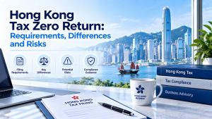 Infographic about Hong Kong Tax Zero Return, covering filing requirements, key differences, potential risks and compliance guidance, with Hong Kong Victoria Harbour skyline background, desk with laptop, documents and Hong Kong business mug.