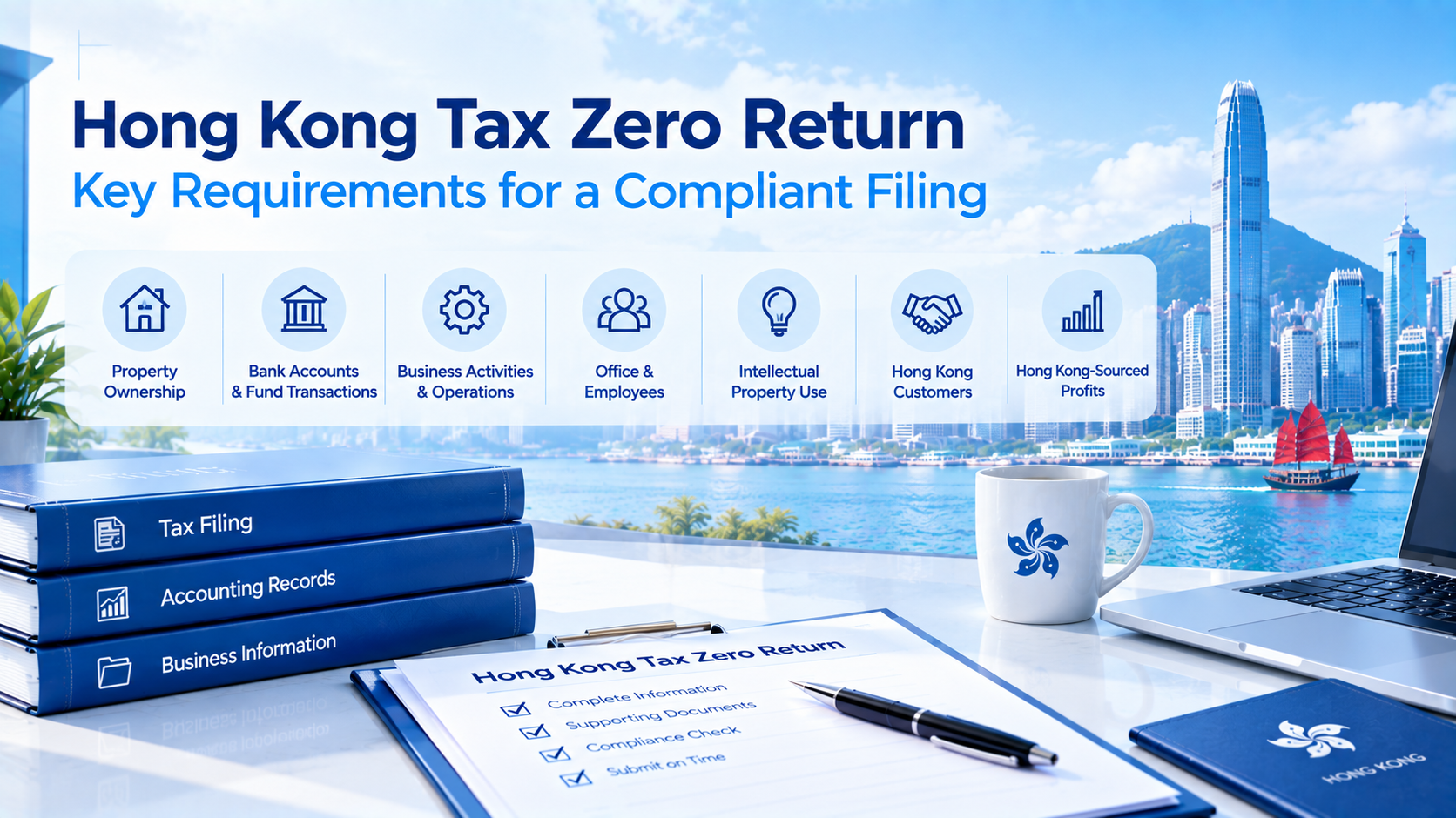 Hong Kong Tax Zero Return infographic showing key requirements for compliant filing, including property ownership, bank accounts, business activities, employees, intellectual property, Hong Kong customers and sourced profits, Hong Kong cityscape background with tax filing books and paperwork.