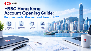 HSBC Hong Kong account opening guide infographic for 2026, covering account opening methods, required documents, application process and bank fees, Hong Kong Victoria Harbour skyline background with HSBC stationery on marble desk.