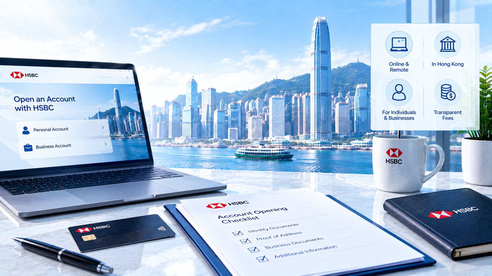 Infographic for HSBC Hong Kong bank account opening, showing personal and business account options, online remote and in-branch application, checklist of identity, address and business documents, Hong Kong harbour cityscape background.