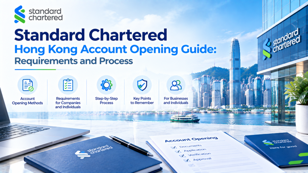 Infographic for Standard Chartered Hong Kong account opening guide, covering account opening methods, requirements for companies and individuals, step-by-step process, key notes, with Hong Kong Victoria Harbour cityscape background.