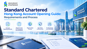 Infographic for Standard Chartered Hong Kong account opening guide, covering account opening methods, requirements for companies and individuals, step-by-step process, key notes, with Hong Kong Victoria Harbour cityscape background.
