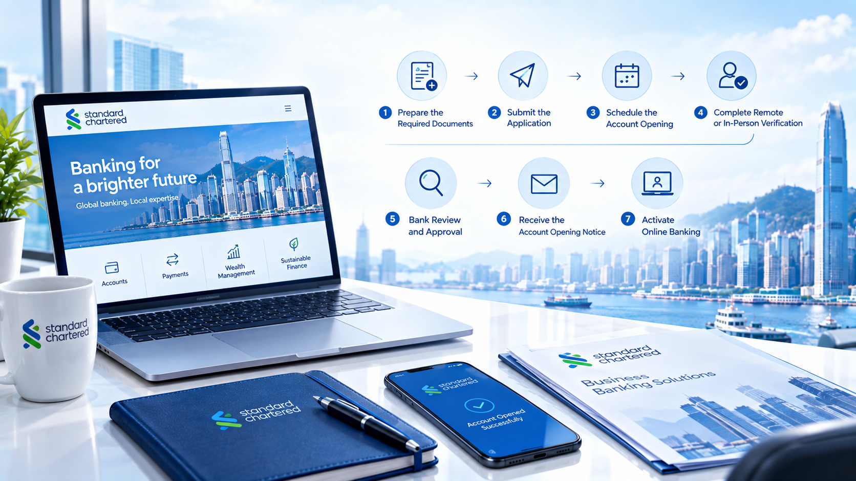 Standard Chartered Hong Kong bank account opening workflow infographic, 7-step process: prepare documents, submit application, schedule appointment, complete verification, bank review, get notice, activate online banking, laptop and mobile phone on office desk.