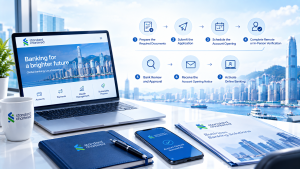 Infographic for Standard Chartered Hong Kong account opening guide, covering account opening methods, requirements for companies and individuals, step-by-step process, key notes, with Hong Kong Victoria Harbour cityscape background.