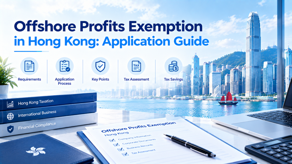 Hong Kong offshore profits exemption application guide infographic, includes requirements, application process, key points, tax assessment and tax savings, Hong Kong harbour skyline and business documents.