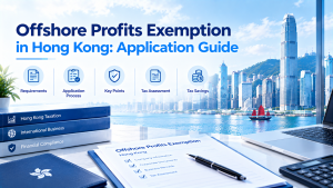 Hong Kong offshore profits exemption application guide infographic, includes requirements, application process, key points, tax assessment and tax savings, Hong Kong harbour skyline and business documents.
