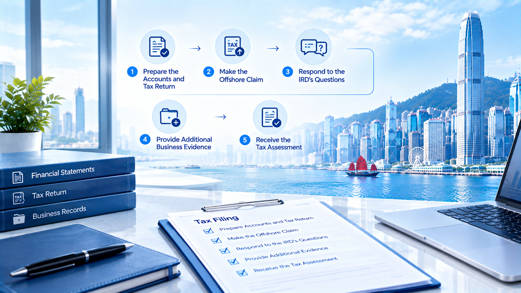 Step-by-step infographic for Hong Kong offshore profits exemption claim, prepare accounts & tax return, submit offshore claim, reply to IRD enquiries, supply business evidence, receive tax assessment, office table with tax files.
