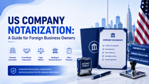 US company notarization guide for foreign business owners, corporate legal documents, notary public stamp, New York city skyline background