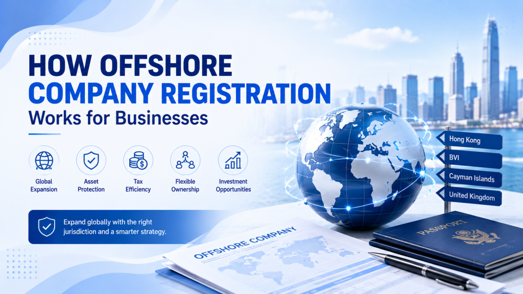 How offshore company registration works for businesses infographic, world globe, offshore jurisdiction signpost, global business expansion benefits