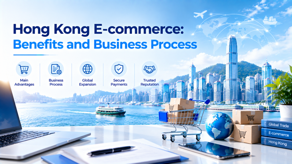 Hong Kong e-commerce infographic with title Benefits and Business Process, icons for main advantages, business process, global expansion, secure payments and trusted reputation, Hong Kong Victoria Harbour background with shopping cart, parcels and laptop