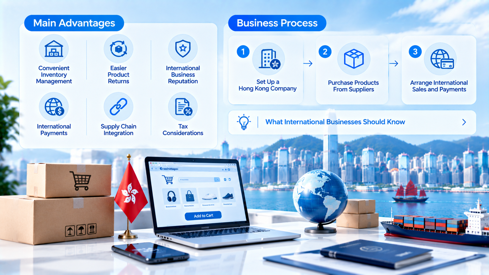 Infographic showing main advantages and business process for Hong Kong e-commerce, including inventory management, supply chain, set up HK company, purchase goods, international sales, Hong Kong skyline with laptop and shipping elements
