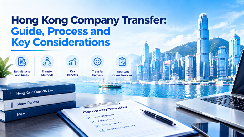 Infographic titled Hong Kong Company Transfer: Guide, Process and Key Considerations, with Hong Kong skyline background, books on Hong Kong Company Law, share transfer documents and laptop, icons for regulations, transfer methods, benefits, process and considerations.