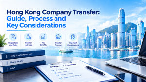 Infographic titled Hong Kong Company Transfer: Guide, Process and Key Considerations, with Hong Kong skyline background, books on Hong Kong Company Law, share transfer documents and laptop, icons for regulations, transfer methods, benefits, process and considerations.