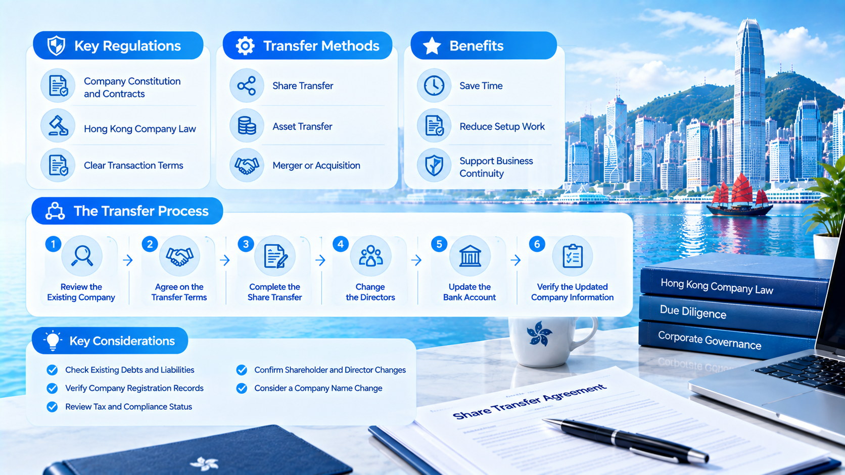Hong Kong company transfer infographic showing key regulations, transfer methods, benefits, step-by-step transfer process and important considerations for share transfer and business acquisition.