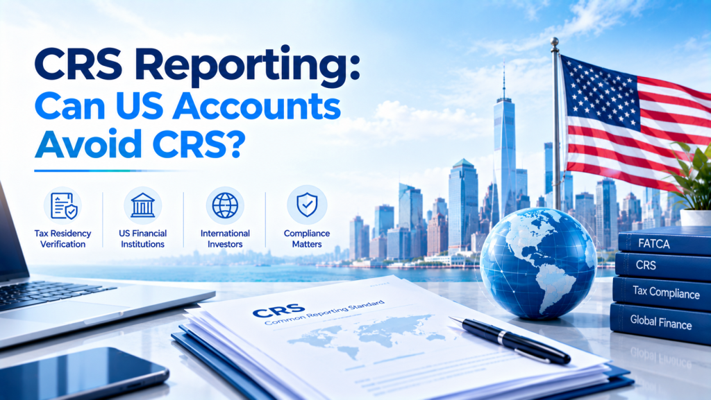 Infographic titled CRS Reporting: Can US Accounts Avoid CRS?, New York skyline with US flag, globe and CRS tax compliance books, icons for tax residency verification, US financial institutions, international investors and compliance matters.