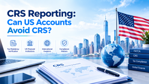 Infographic titled CRS Reporting: Can US Accounts Avoid CRS?, New York skyline with US flag, globe and CRS tax compliance books, icons for tax residency verification, US financial institutions, international investors and compliance matters.
