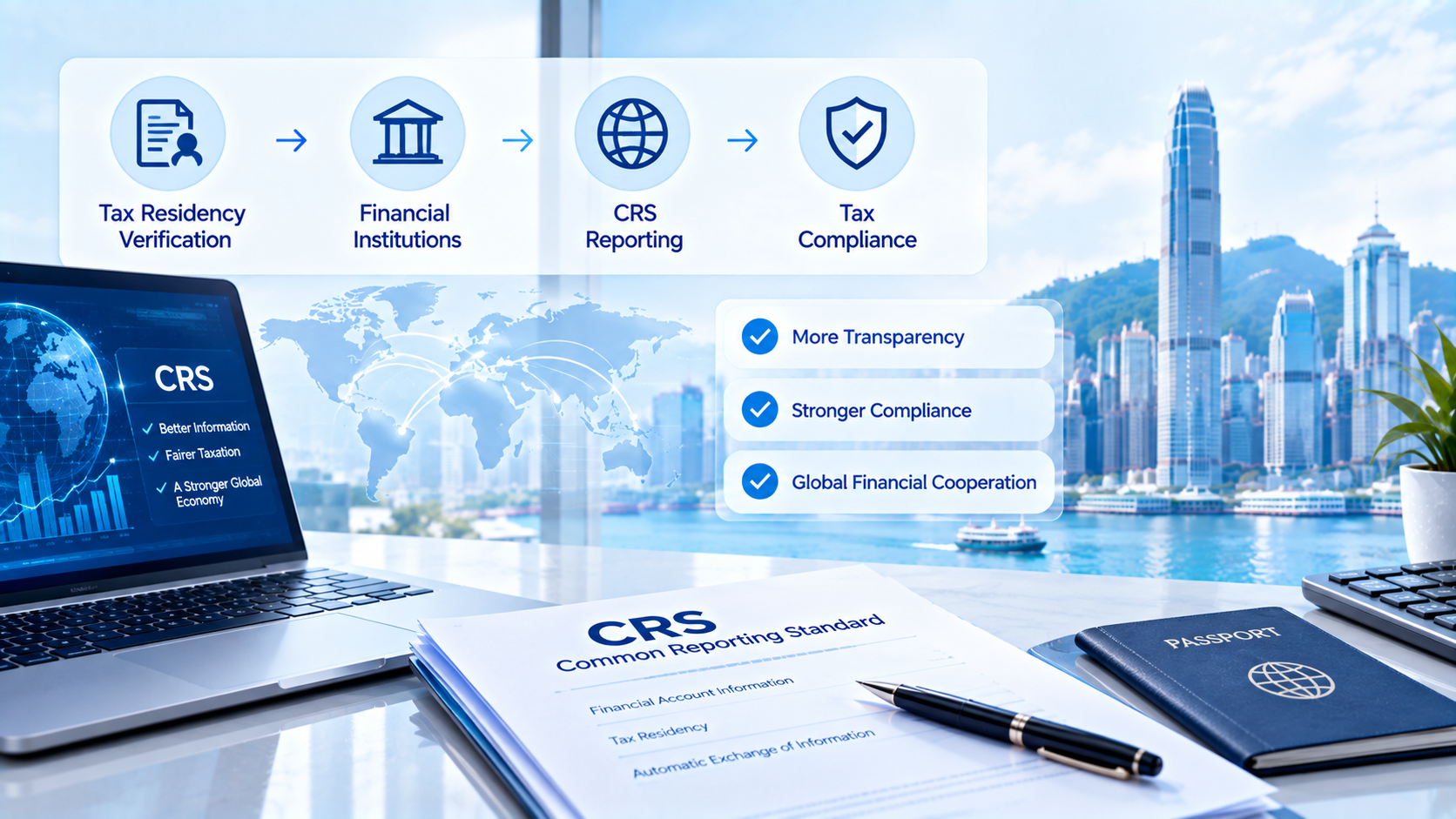 CRS Common Reporting Standard infographic showing workflow of tax residency verification, financial institutions, CRS reporting and tax compliance, benefits of transparency, compliance and global financial cooperation.