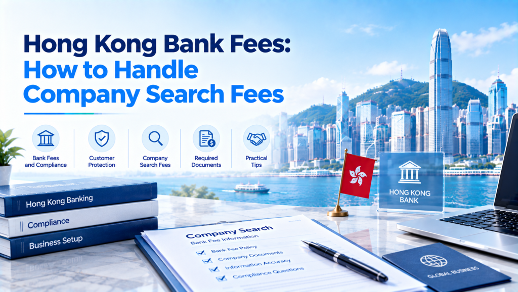 Infographic about Hong Kong bank fees: how to handle company search fees, with Hong Kong skyline background, books on Hong Kong banking and compliance, Hong Kong flag, document checklist and banking related icons.