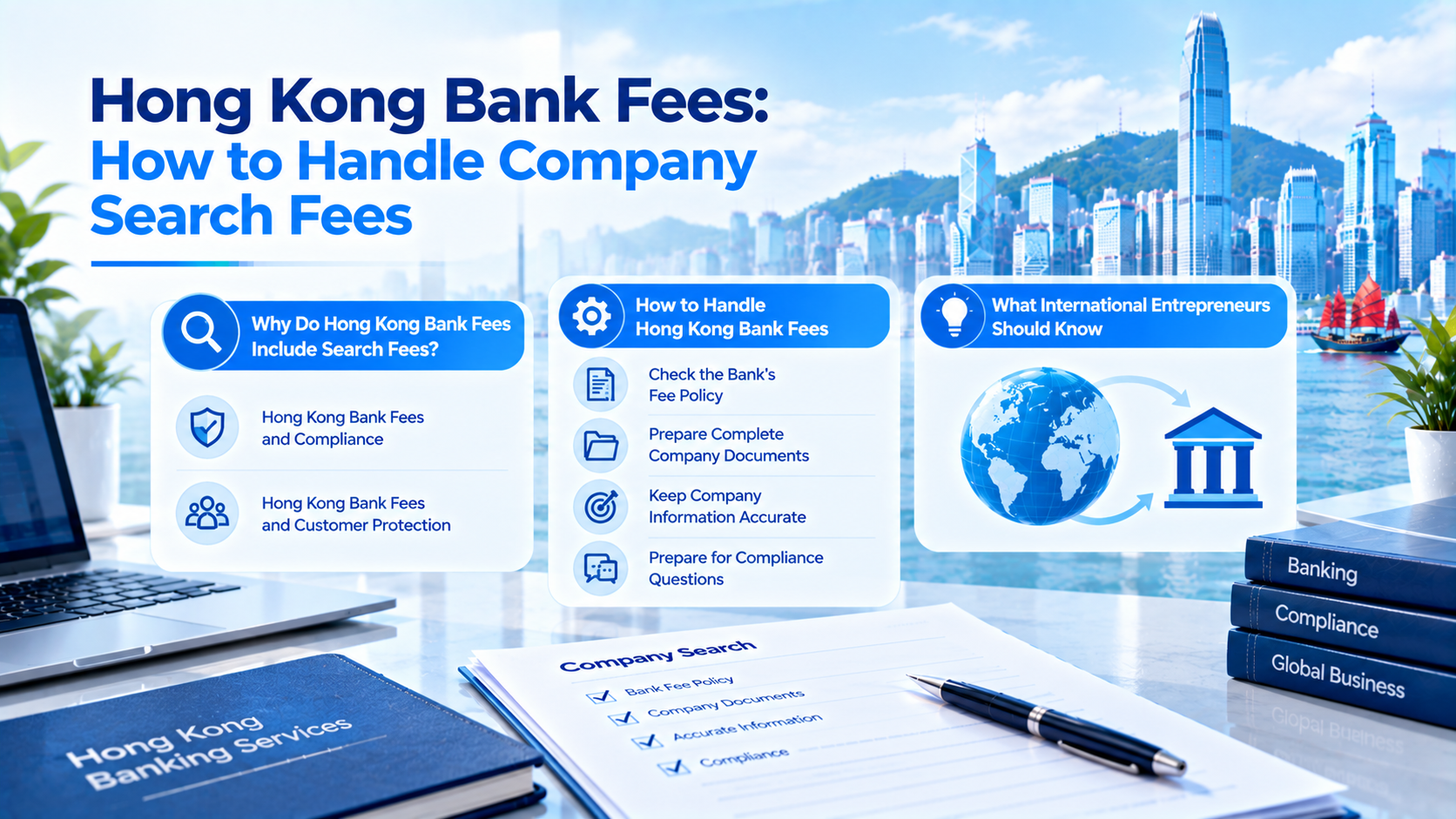 Infographic about Hong Kong bank fees on handling company search fees, 3 sections explaining reasons, handling methods and tips for international entrepreneurs, Hong Kong Victoria Harbour skyline background.
