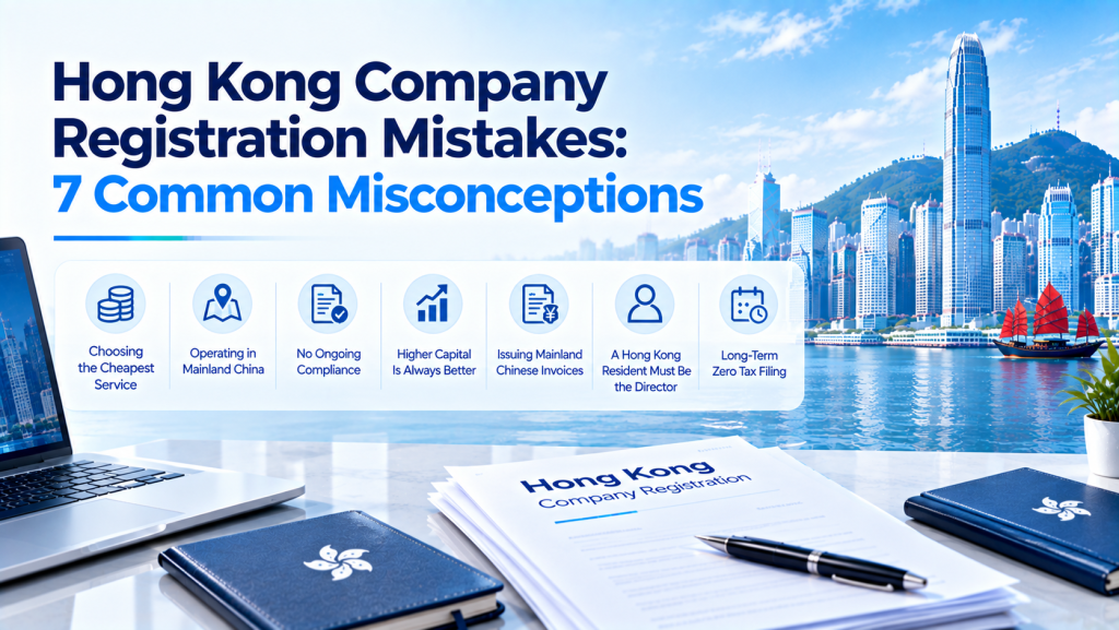 Infographic cover: Hong Kong company registration mistakes, 7 common misconceptions with icons, Hong Kong harbour skyscraper background and business documents on desk.