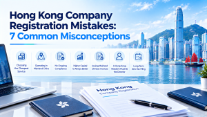 Infographic cover: Hong Kong company registration mistakes, 7 common misconceptions with icons, Hong Kong harbour skyscraper background and business documents on desk.
