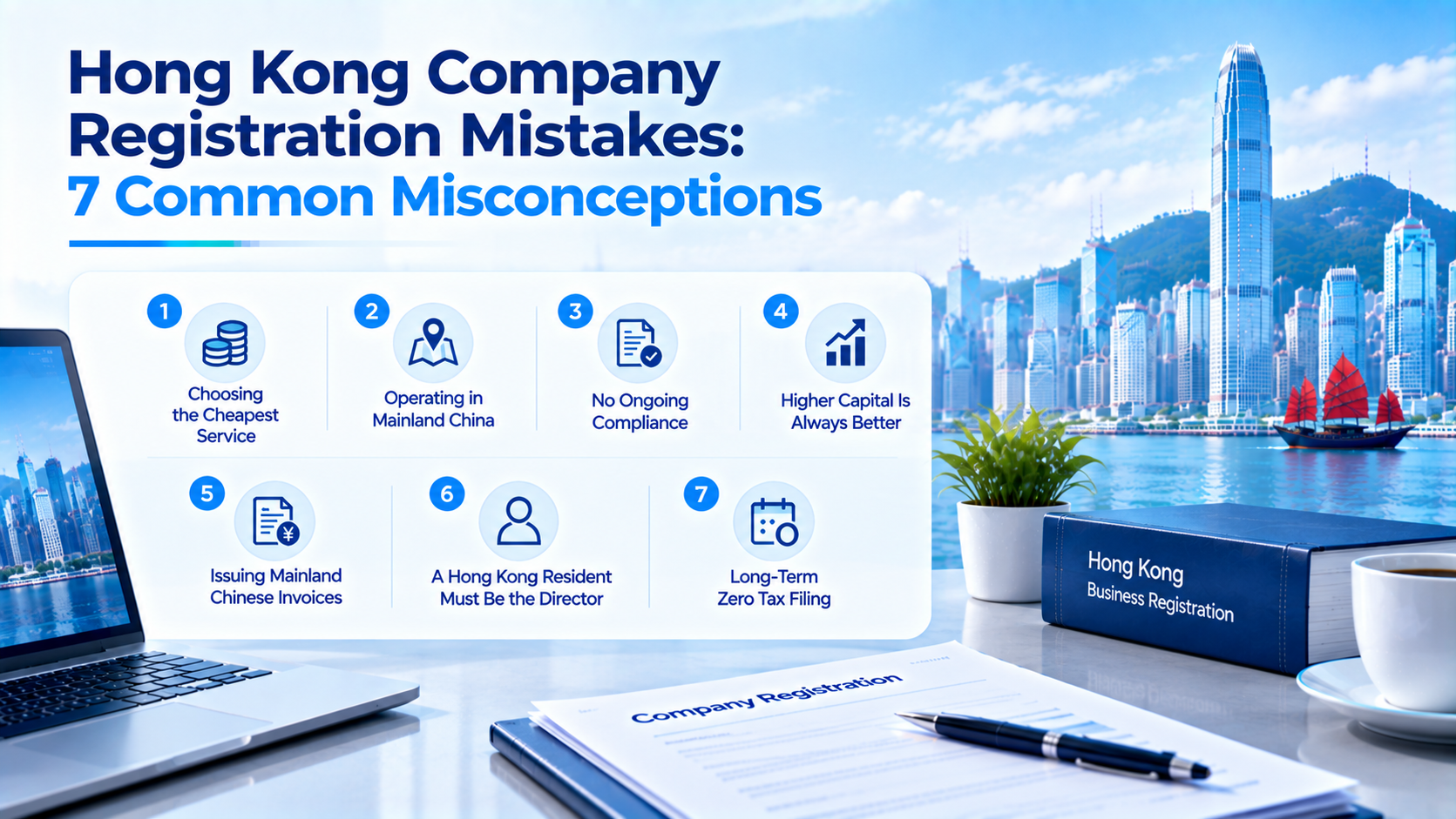 Infographic listing 7 common misconceptions of Hong Kong company registration, numbered points with icons, Hong Kong skyline, laptop and company registration paperwork on table.