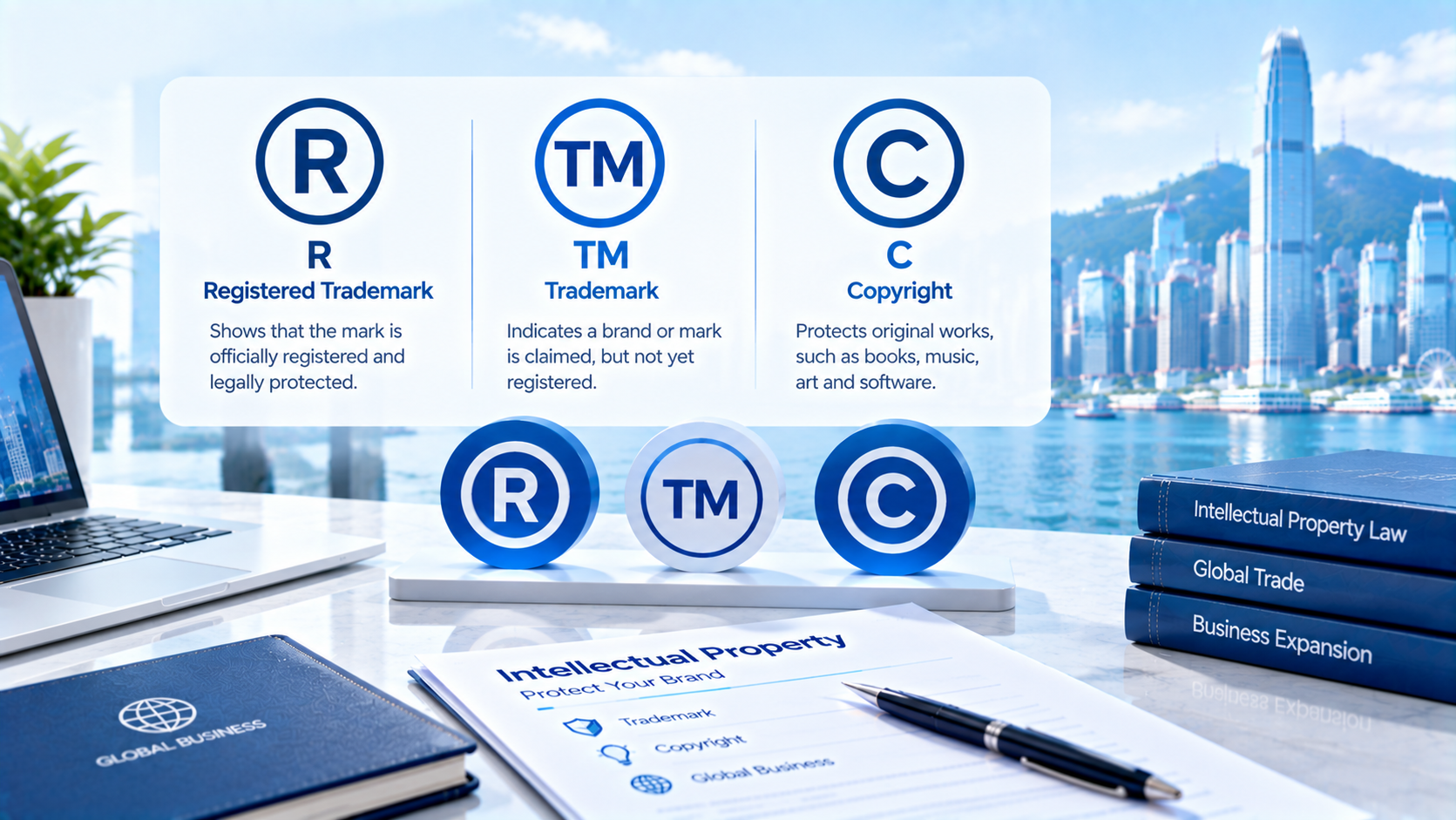 Intellectual property infographic over Hong Kong cityscape, explaining R registered trademark, TM trademark and C copyright symbols with definitions, desk setup with laptop, documents and law books.