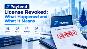 Infographic titled Paytend License Revoked: What Happened and What It Means, EU flag and city skyline background, document stamped REVOKED, laptop showing Paytend logo, EMI regulation and compliance books, icons for license revoked, EMI vs bank, investigation and risk prevention.