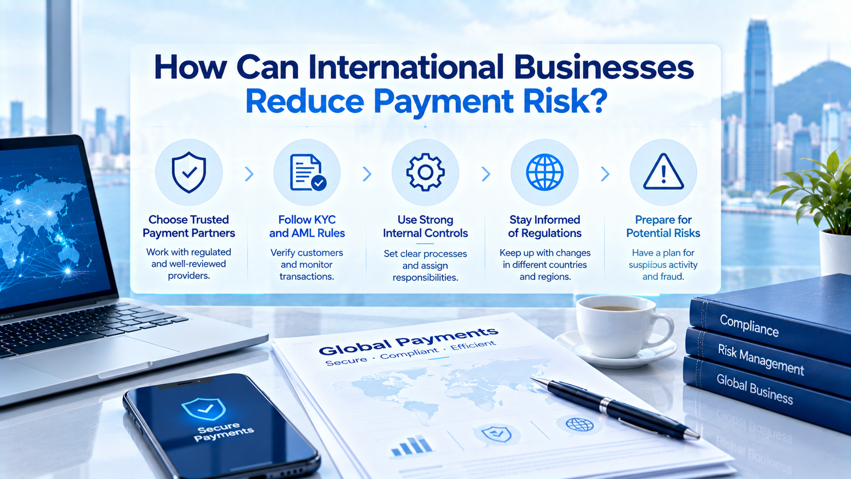 Infographic How Can International Businesses Reduce Payment Risk? Hong Kong skyline background, five-step guide: trusted payment partners, KYC AML rules, internal controls, regulation updates, risk preparation, desk with laptop, global payment documents and compliance books.