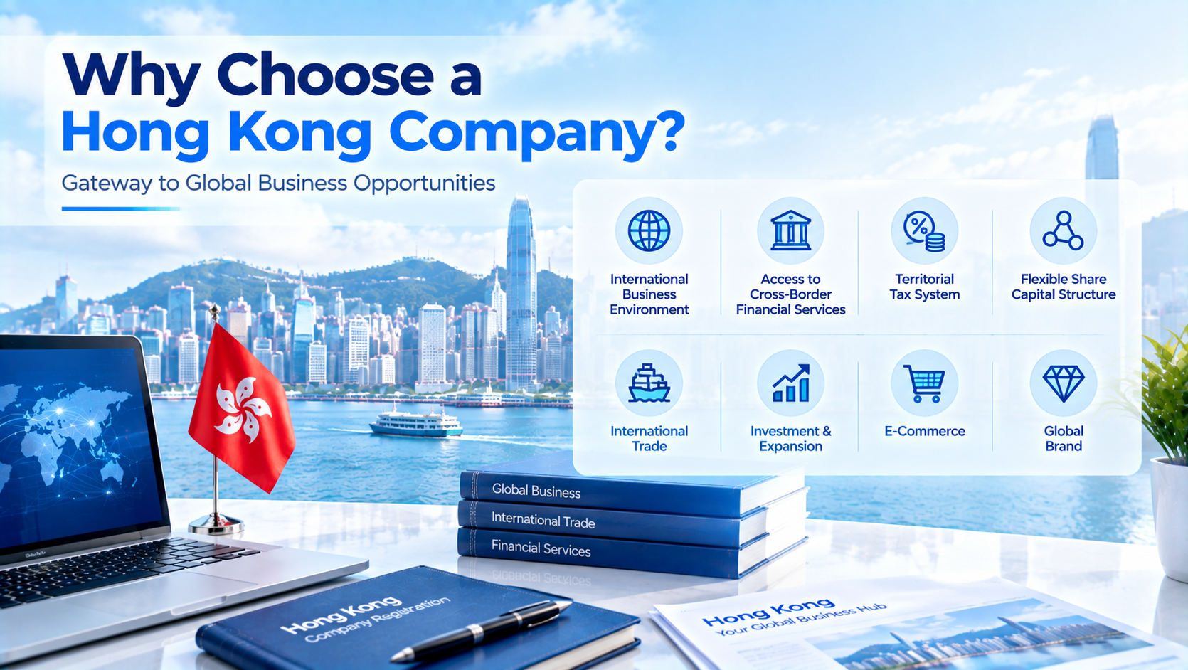 Infographic Why Choose a Hong Kong Company, Hong Kong harbour cityscape, lists benefits: international business environment, cross-border finance, territorial tax system, flexible share capital, international trade, investment expansion, e-commerce, global brand