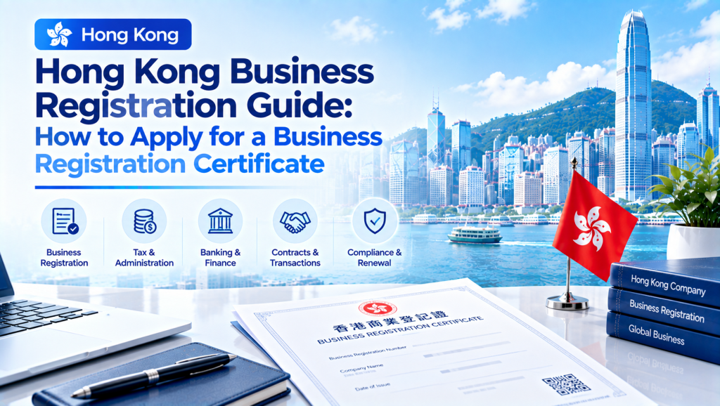 Infographic titled Hong Kong Business Registration Guide: How to Apply for a Business Registration Certificate, featuring Hong Kong skyline, business registration certificate, Hong Kong flag, laptop, books, and icons for registration, tax, banking, contracts and compliance renewal.