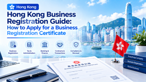 Infographic titled Hong Kong Business Registration Guide: How to Apply for a Business Registration Certificate, featuring Hong Kong skyline, business registration certificate, Hong Kong flag, laptop, books, and icons for registration, tax, banking, contracts and compliance renewal.