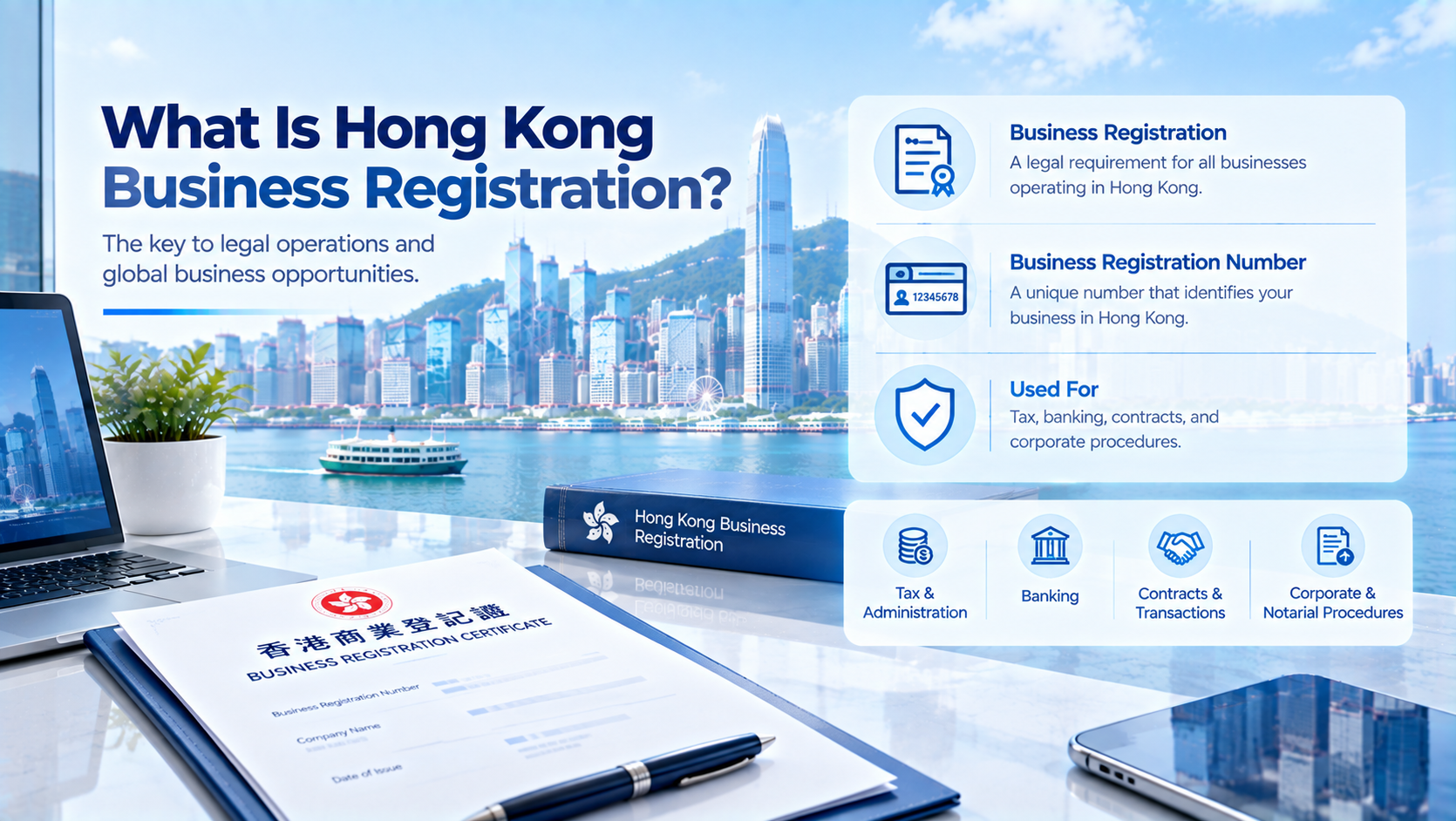 Infographic explaining What Is Hong Kong Business Registration, showing Hong Kong harbour cityscape, business registration certificate, pen, laptop, with text boxes defining business registration, BR number and its uses for tax, banking, contracts and corporate procedures.