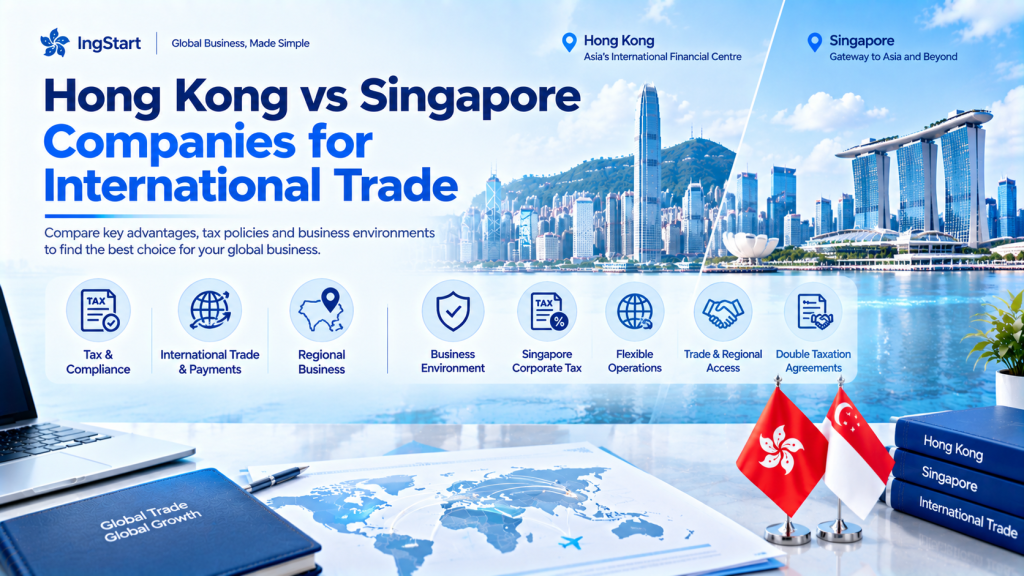 Infographic comparing Hong Kong and Singapore company setup for international trade, featuring Hong Kong and Singapore skyline, two national flags, world map, and icons for tax compliance, trade payments, business environment, double taxation agreements; IngStart branding, title "Hong Kong vs Singapore Companies for International Trade".