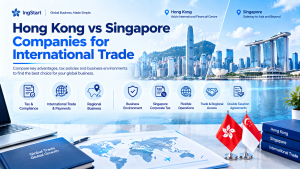 Infographic comparing Hong Kong and Singapore company setup for international trade, featuring Hong Kong and Singapore skyline, two national flags, world map, and icons for tax compliance, trade payments, business environment, double taxation agreements; IngStart branding, title "Hong Kong vs Singapore Companies for International Trade".