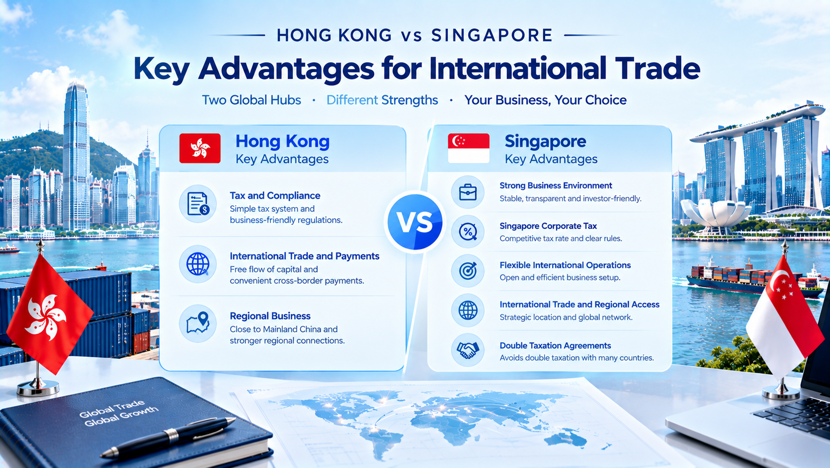 Infographic comparing Hong Kong and Singapore key advantages for international trade. Side-by-side table lists Hong Kong benefits: tax & compliance, international trade payments, regional business; Singapore benefits: stable business environment, corporate tax, flexible operations, regional access and double taxation agreements. Background features Hong Kong and Singapore skylines, container ships, flags and world map.