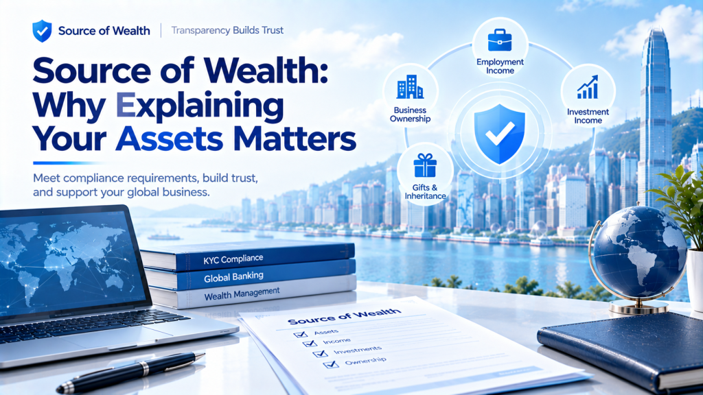Infographic about source of wealth compliance, title "Source of Wealth: Why Explaining Your Assets Matters". Visual icons show employment income, business ownership, investment income, gifts & inheritance. Scene includes laptop, globe, KYC and wealth management books, document checklist, Hong Kong skyline background for global banking compliance.
