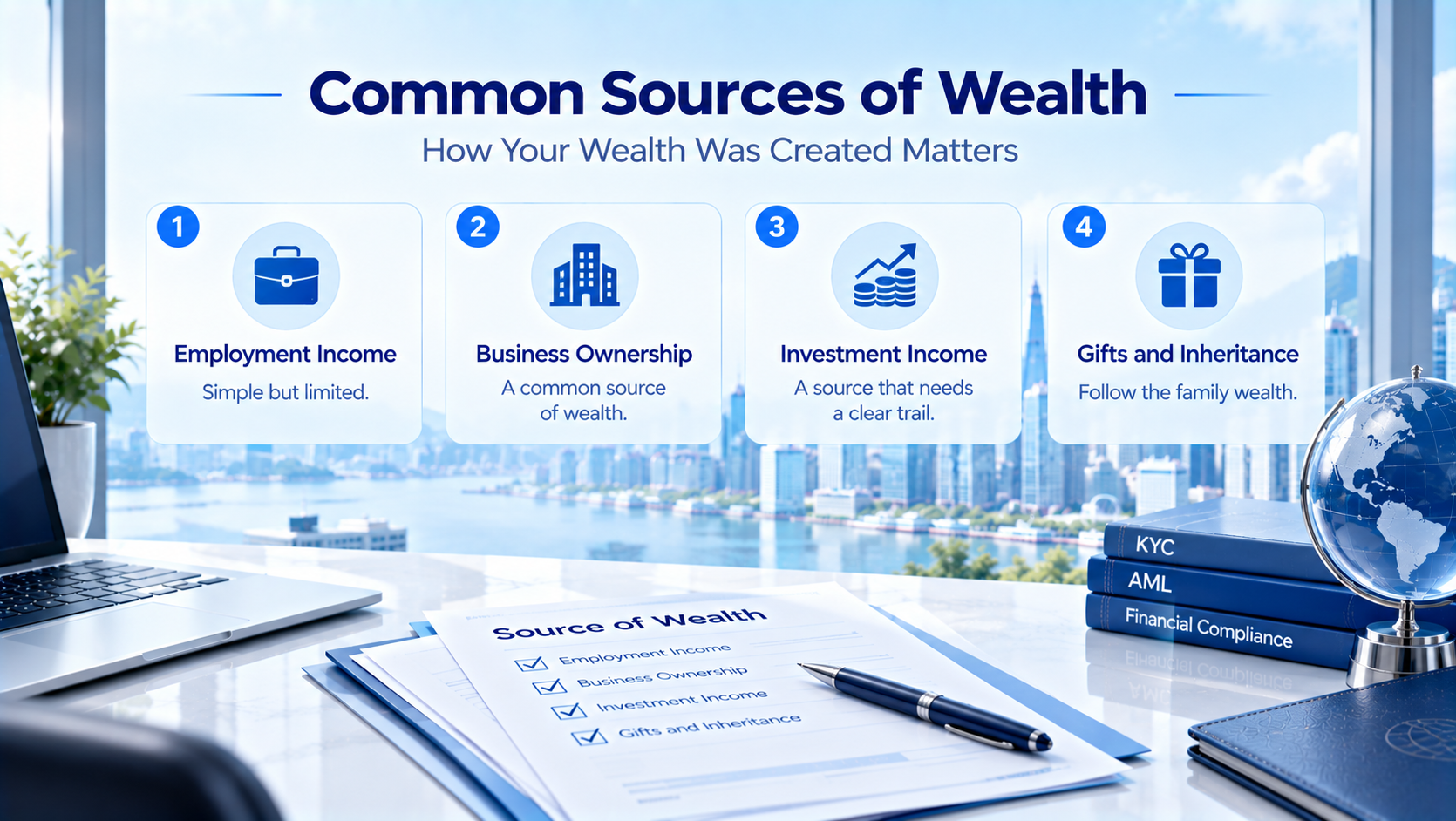 Infographic listing four common sources of wealth: employment income, business ownership, investment income, gifts and inheritance. Office desk setup with source of wealth checklist documents, pen, globe, KYC & AML books, Hong Kong city view background for financial compliance.