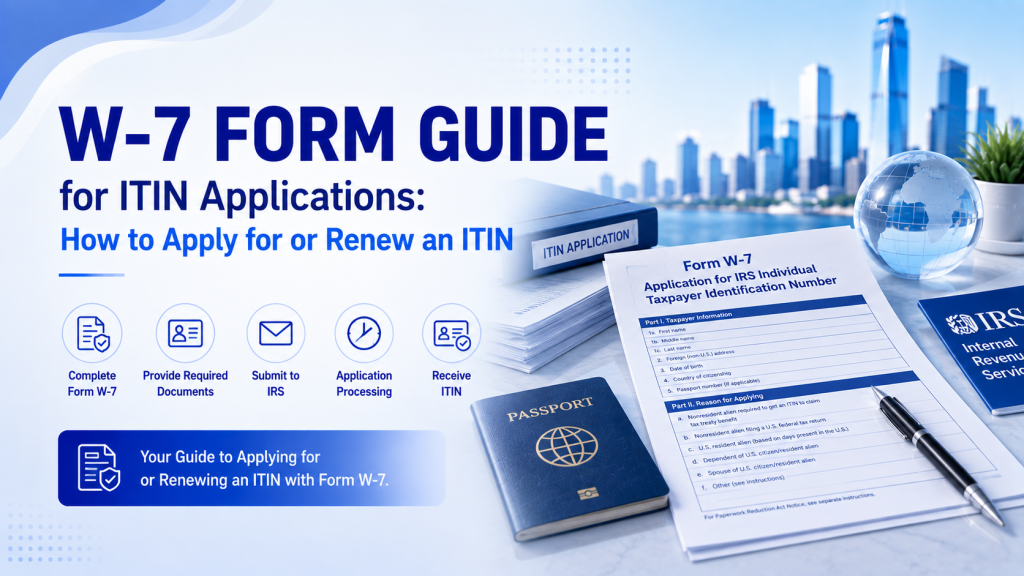 W‑7 Form guide for ITIN applications, how to apply or renew ITIN, IRS Form W‑7 paperwork, passport and tax documents, New York city skyline background