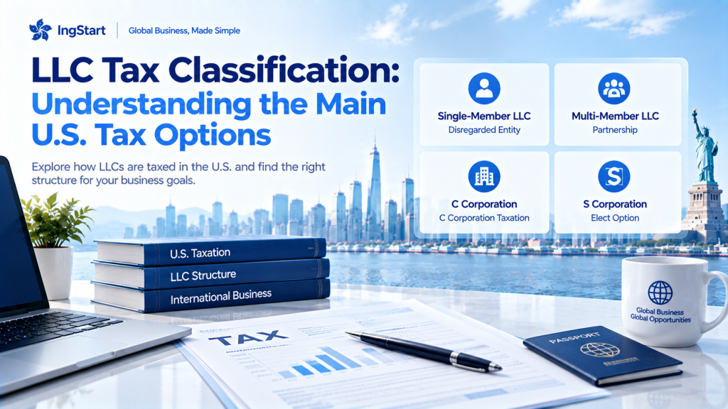 Infographic by IngStart about LLC tax classification and main US tax options, featuring four tax types: Single-Member LLC, Multi-Member LLC, C Corporation, S Corporation, with New York city skyline, tax documents, books and office supplies on desk.
