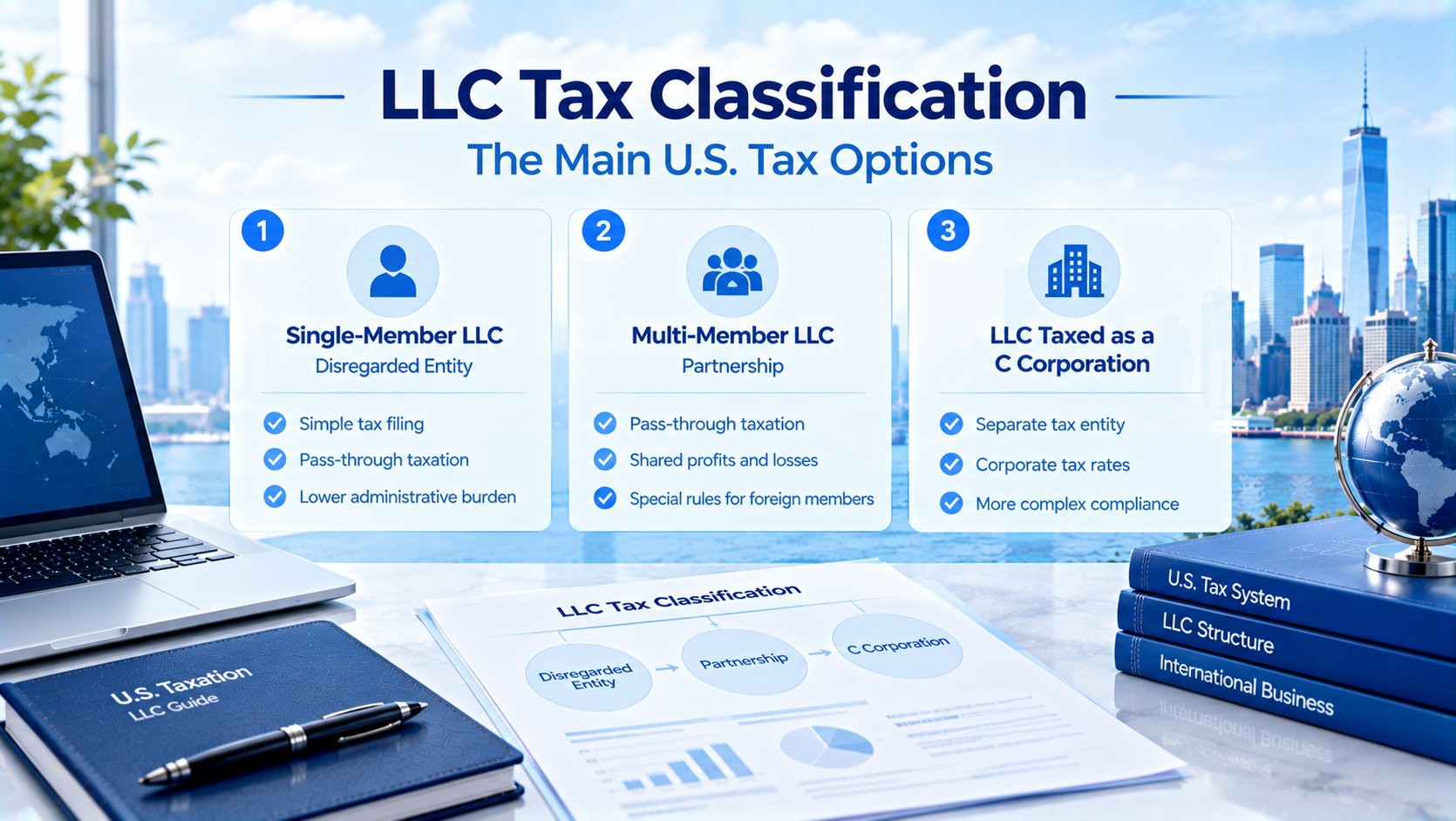 IngStart infographic introducing 3 main US LLC tax classifications: Single-Member LLC, Multi-Member LLC, LLC taxed as C Corporation, listing benefits for each type, with NYC skyline background, tax paperwork, laptop and business books.