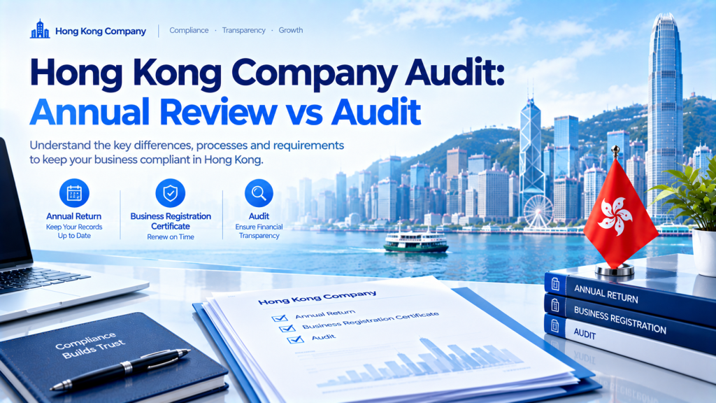 Infographic about Hong Kong company audit, comparing annual review and audit requirements. Features Hong Kong skyline, Hong Kong flag, office desk with tax compliance documents, laptop and business books, covers annual return, business registration certificate and audit.